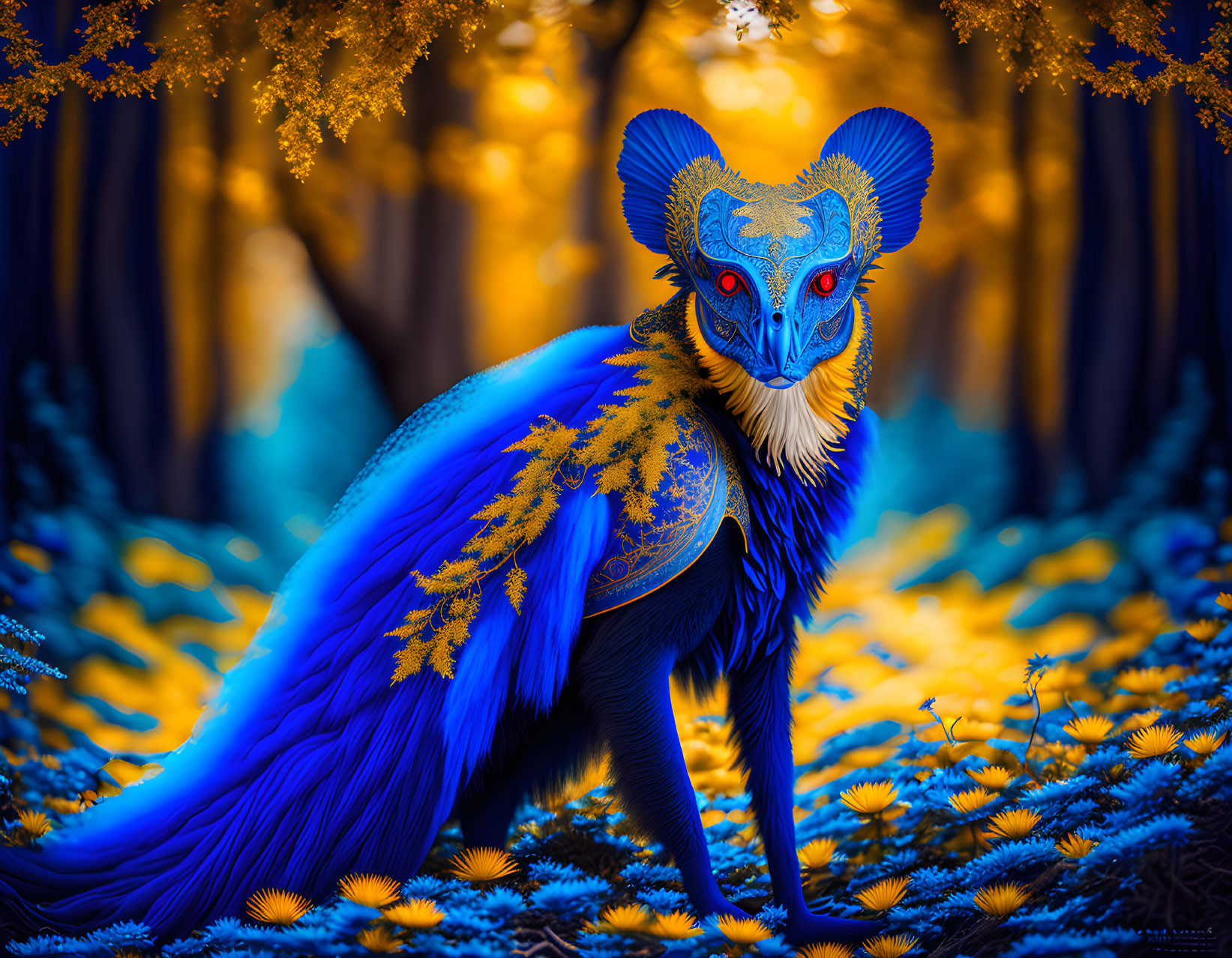 Blue mythical fox-like creature with elaborate ears and feathers in a magical forest