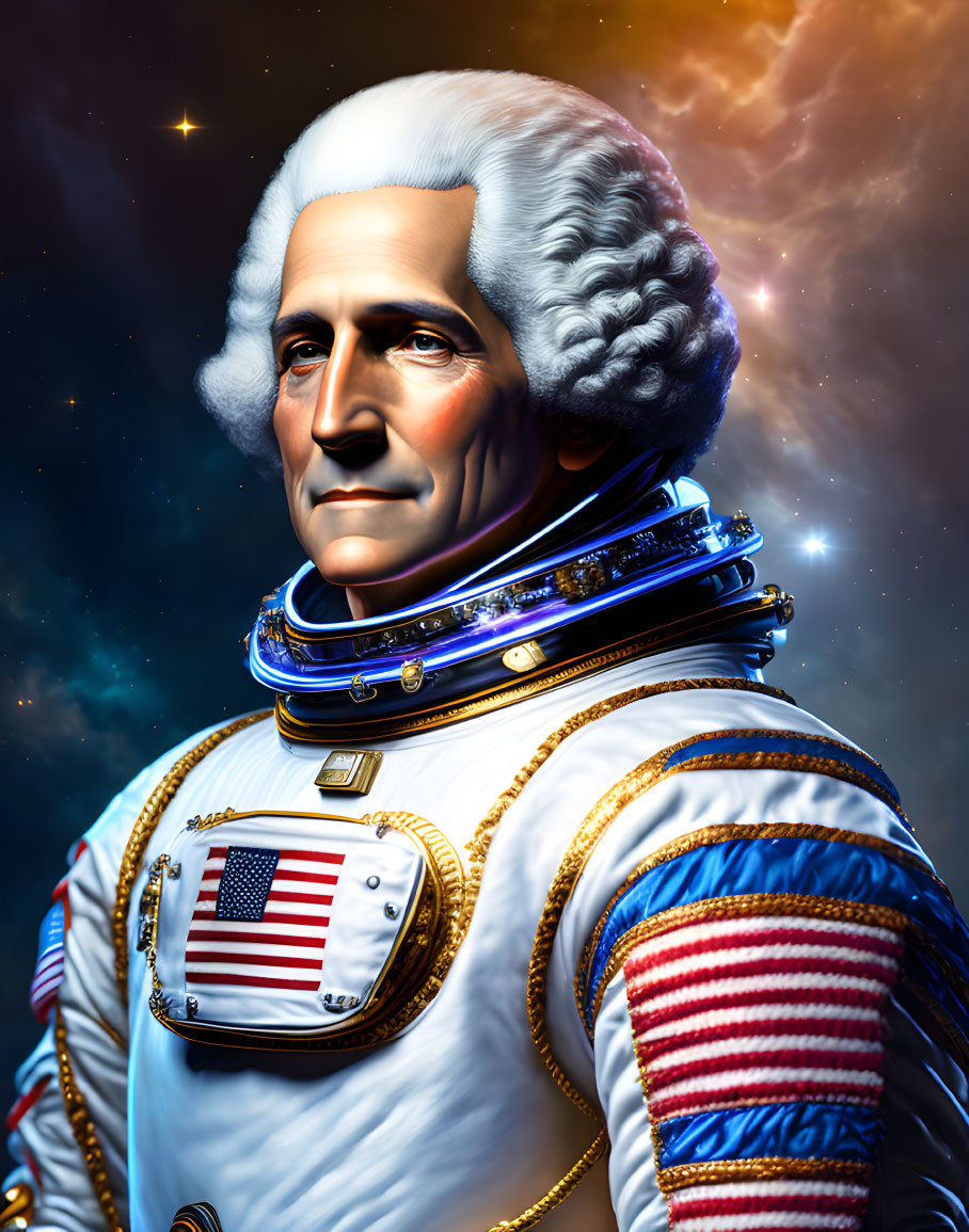 Stylized portrait: George Washington in modern astronaut suit with colonial elements, cosmic backdrop