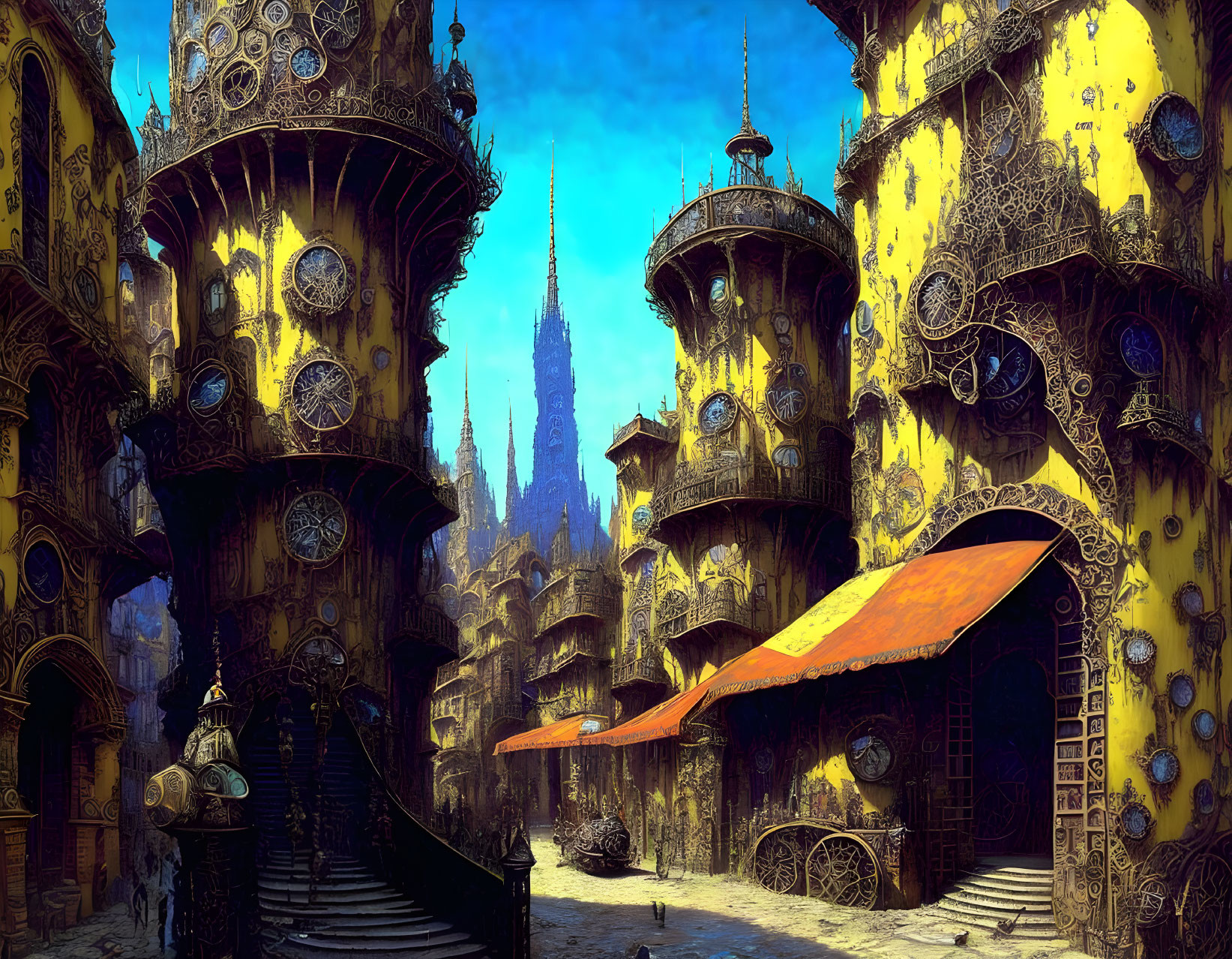 Fantasy cityscape digital artwork with golden buildings and blue shadows