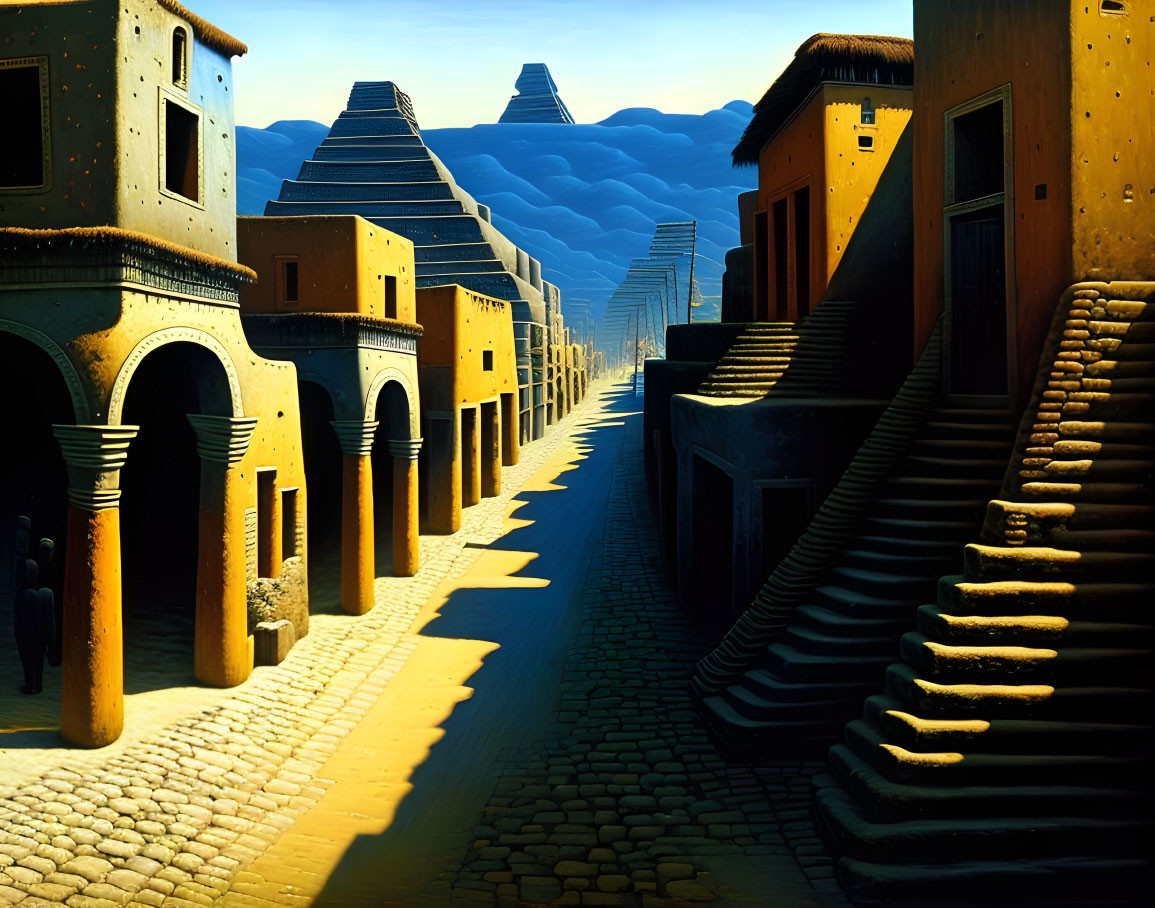 Stylized desert town with golden buildings and arches under blue sky