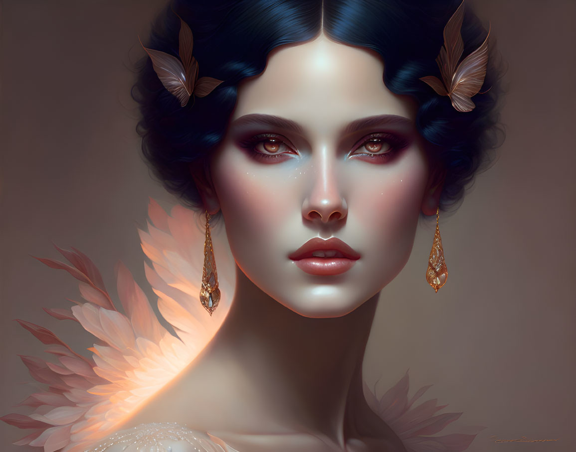 Illustration: Woman with elfin features, leaf earrings, feathered shoulders, warm background