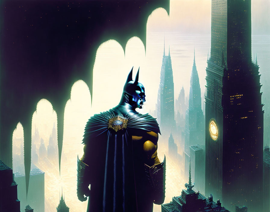 Batman overlooking gothic skyline with green-lit backdrop