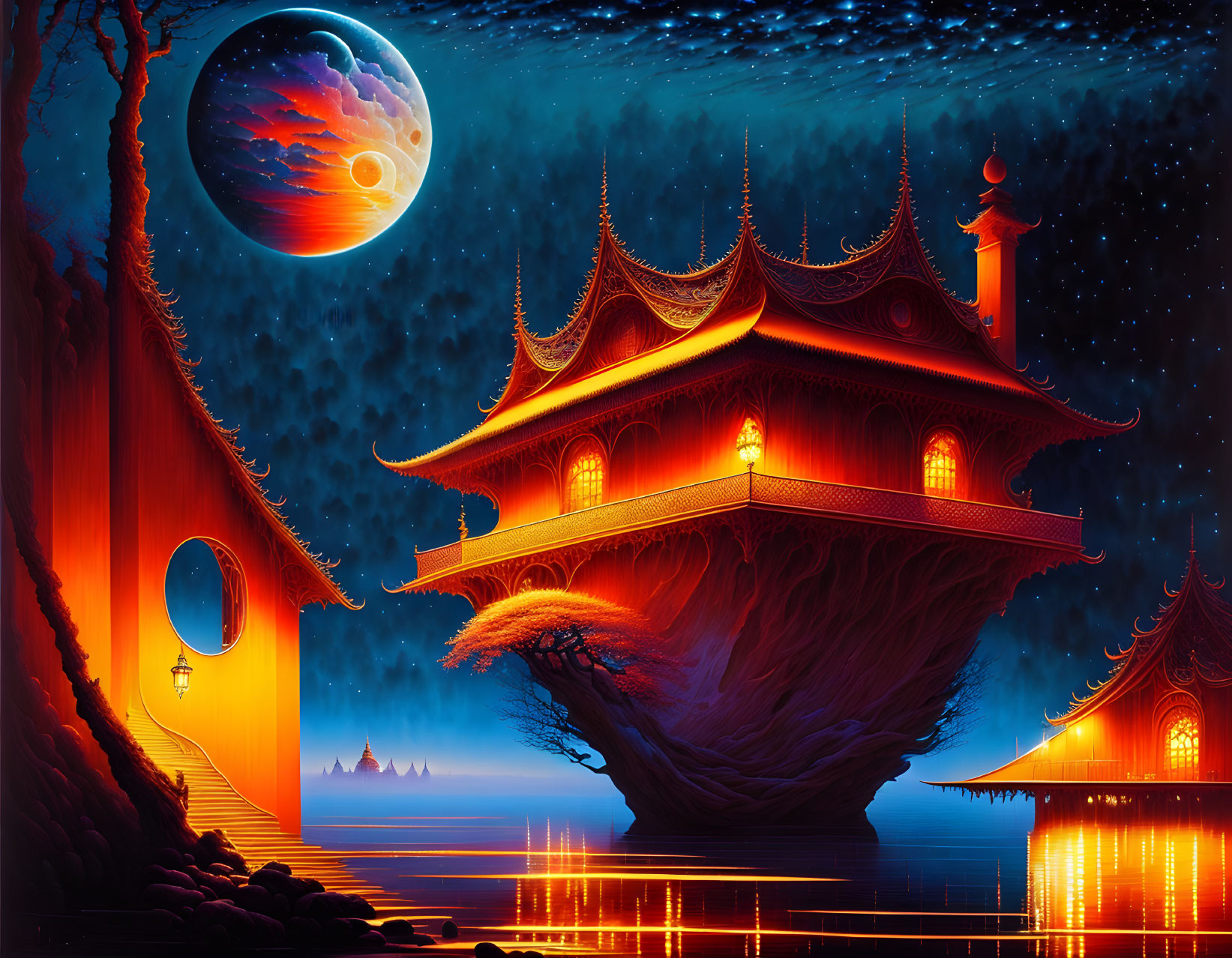 Digital artwork: Asian-style buildings, tranquil lake, otherworldly sky, large planet