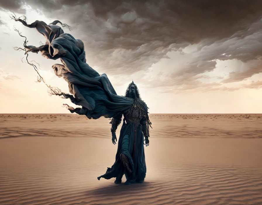 Elaborate figure in dark robes in vast desert with dramatic clouds