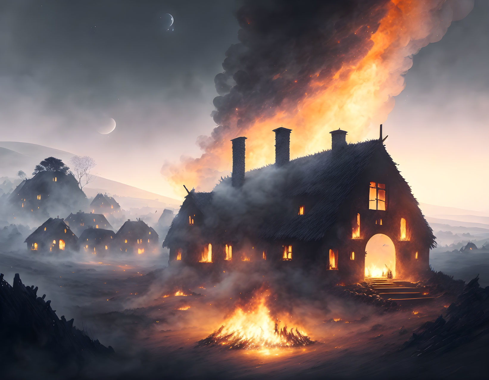 Thatched cottage engulfed in flames at night with burning homes and crescent moon