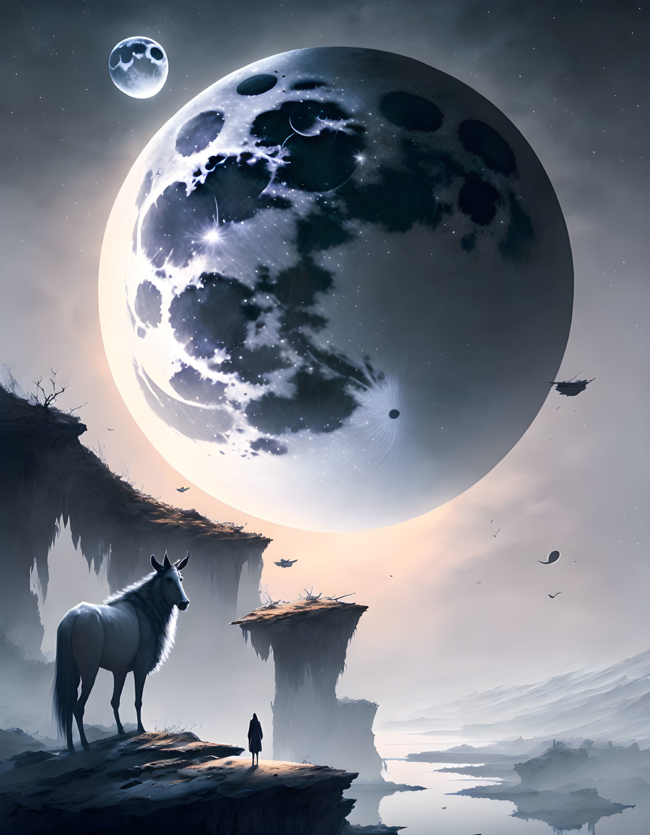 Surreal landscape with horse, person, and gigantic moon on cliff