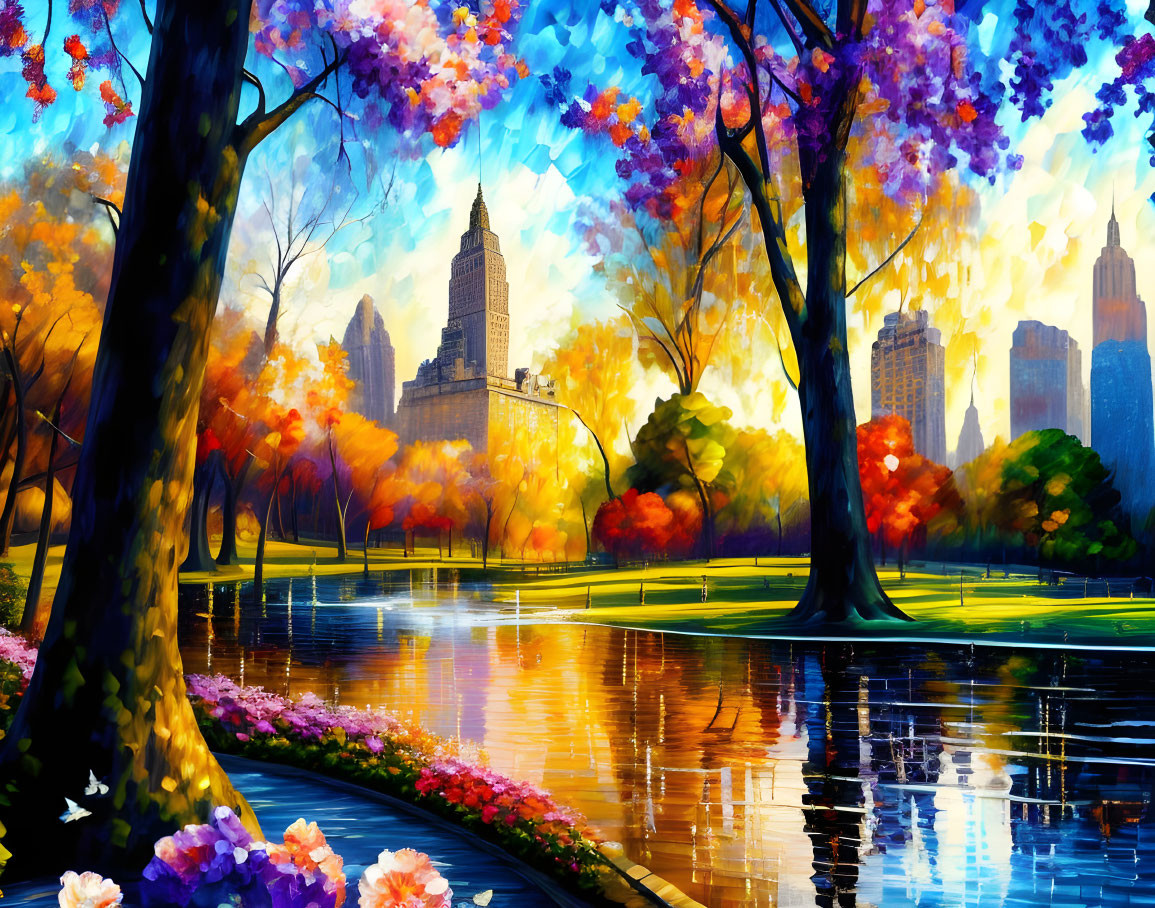 Colorful autumn park scene with reflective water and skyscrapers.