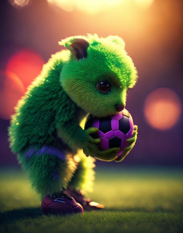 Furry Green Creature Holding Purple Soccer Ball on Grass Field