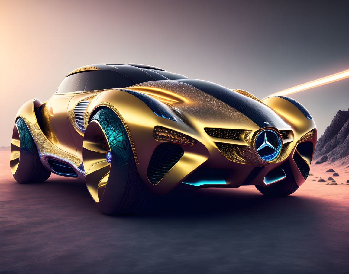 Futuristic golden Mercedes concept car with glowing blue wheels in desert landscape