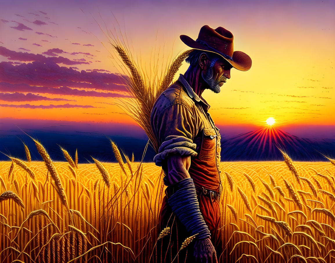 Cowboy in golden wheat field at sunset with vibrant sky.