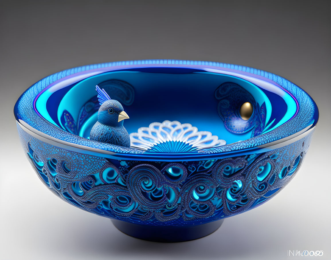 Intricate Blue Bowl with Bird Figurine and Golden Sphere on Gradient Background