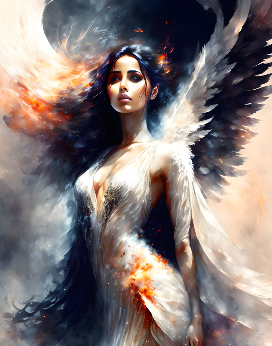 Ethereal female figure with wings in fiery celestial colors