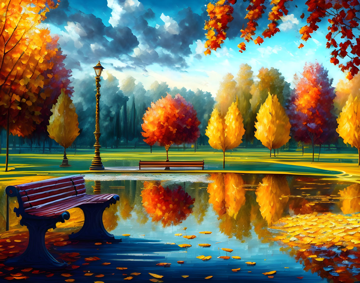 Colorful Autumn Park with Reflecting Lake, Street Lamp, and Bench