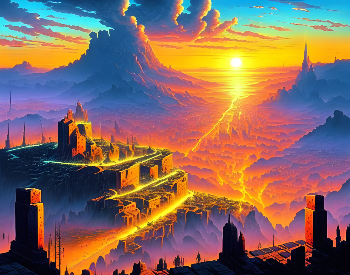 Fantasy landscape digital artwork: Ancient ruins on floating cliffs under a sunset sky