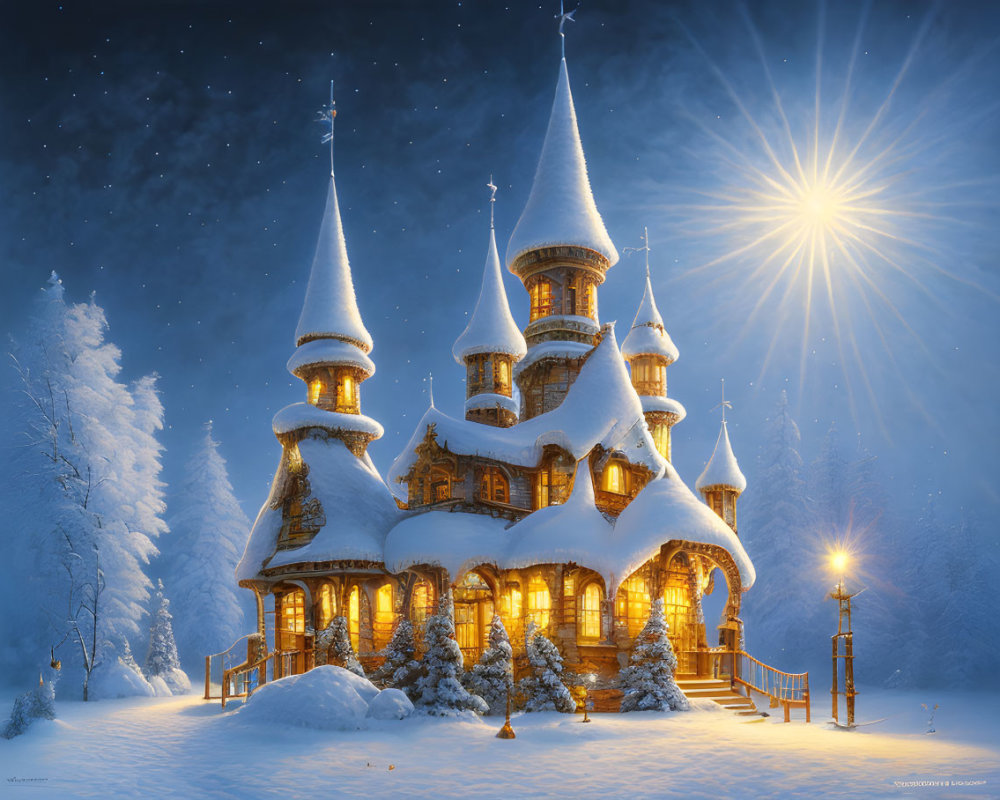 Snow-covered wooden castle with warm lights in starry night scene