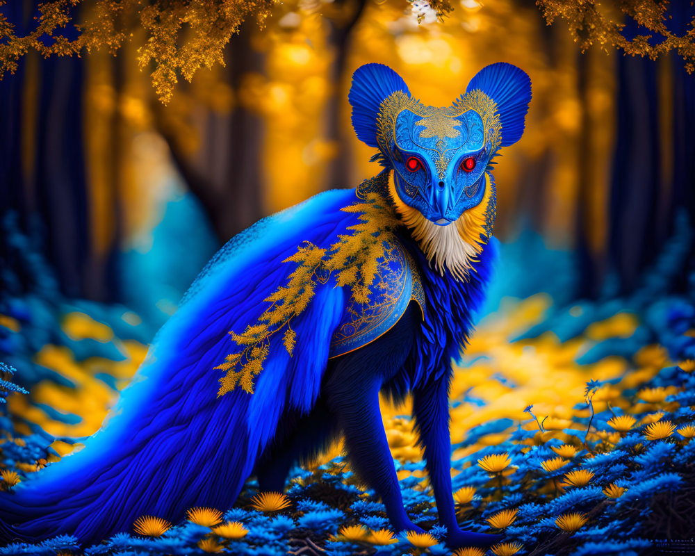 Blue mythical fox-like creature with elaborate ears and feathers in a magical forest