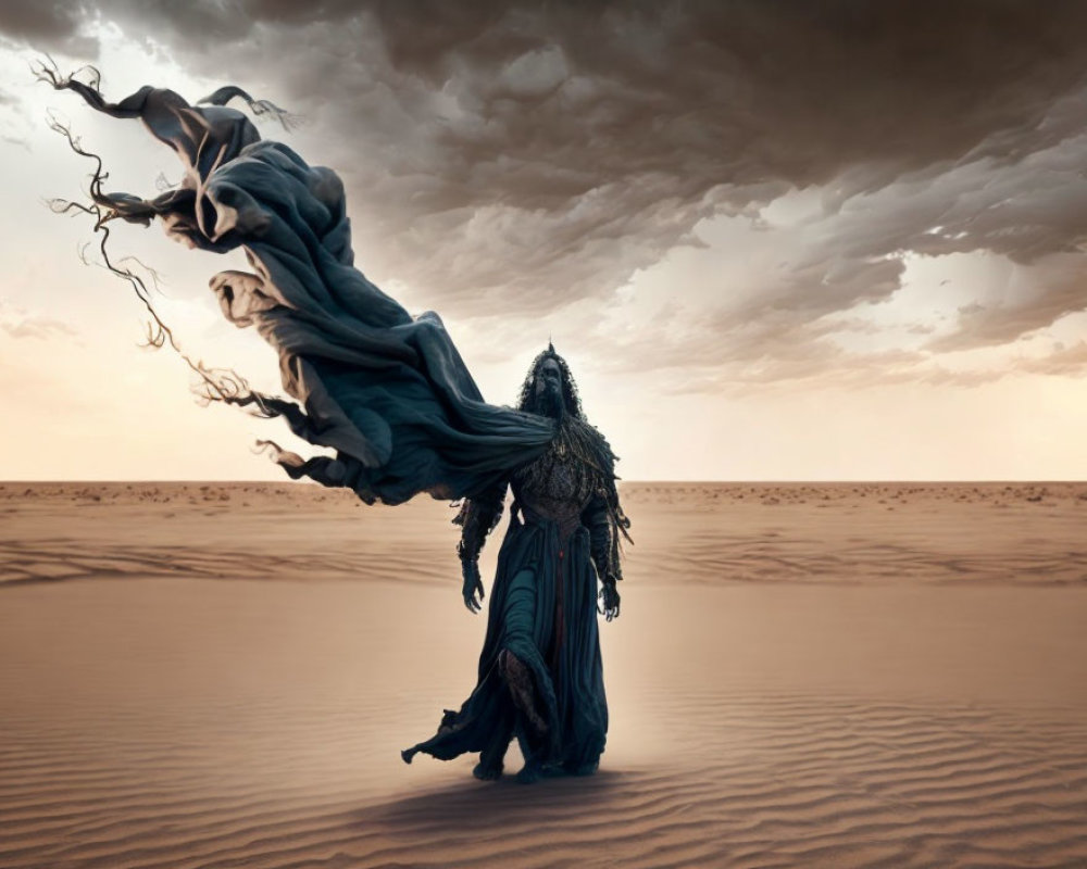 Elaborate figure in dark robes in vast desert with dramatic clouds