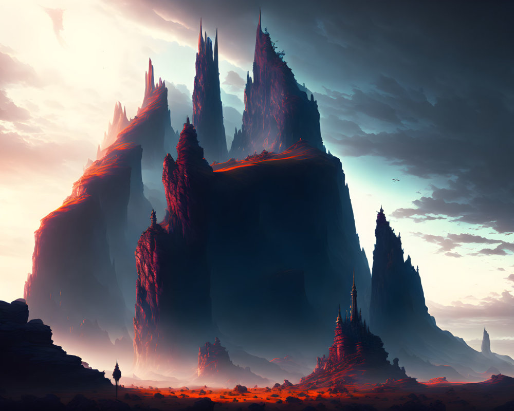 Fantastical landscape with towering, jagged mountains and dramatic red-orange sky