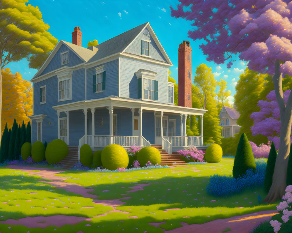 Detailed illustration of a two-story blue house with wraparound porch in lush greenery.