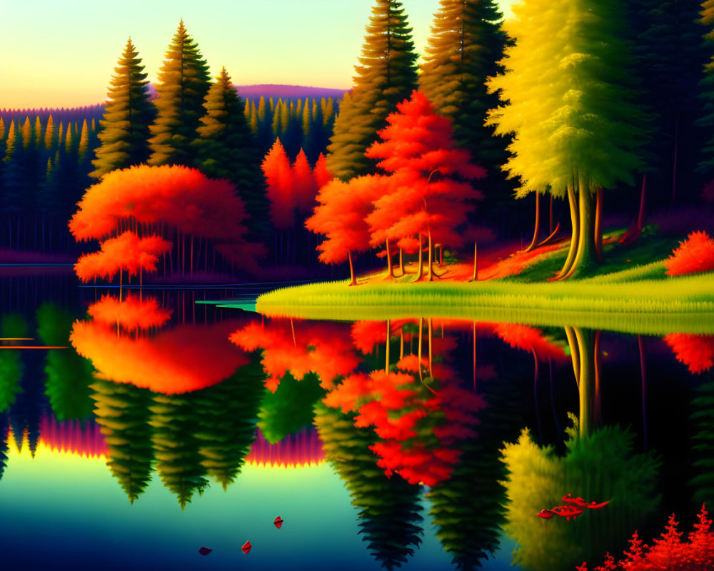 Autumnal forest reflecting in serene lake at sunset