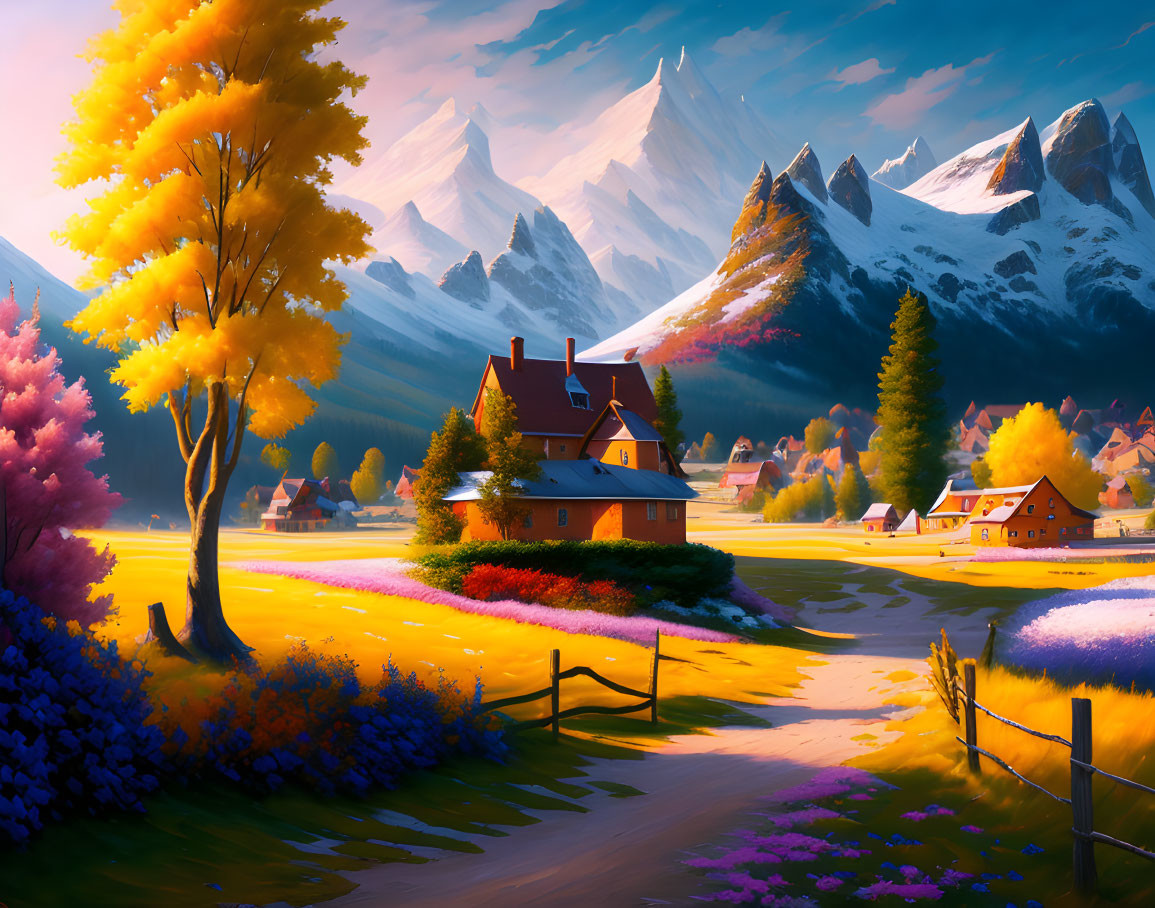 Vibrant autumn trees, winding pathway, houses, snow-capped mountains