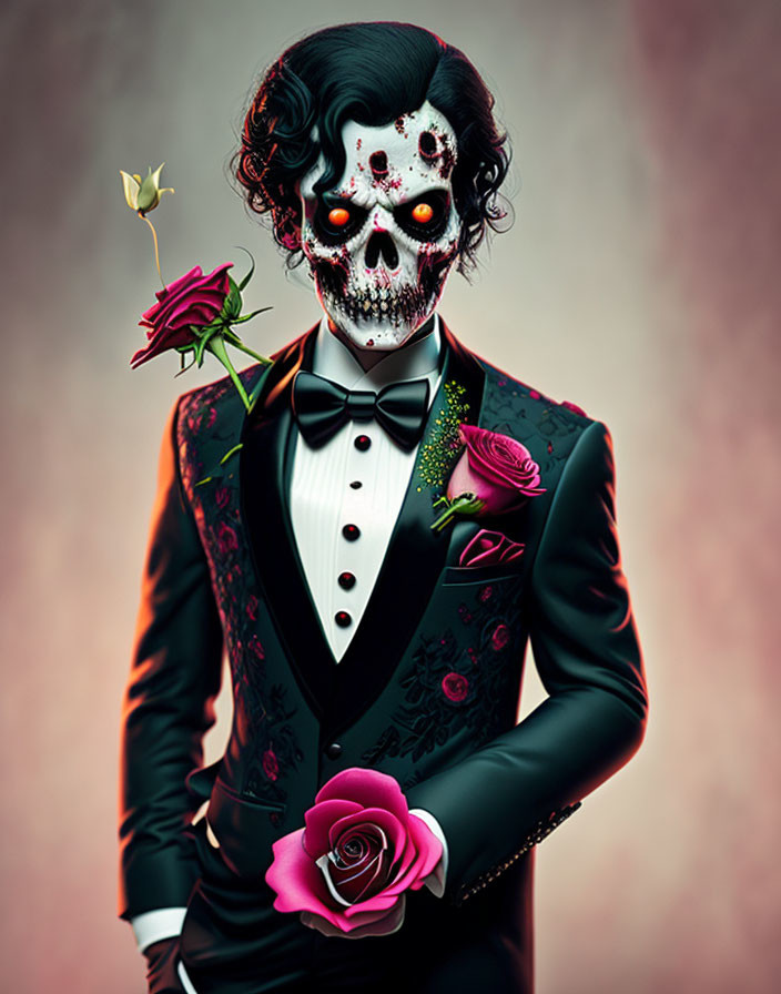 Skull-faced figure in black suit with rose motifs holding a rose on dark background