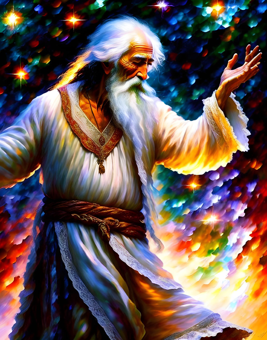 Elderly wizard illustration in white robe against mystical background