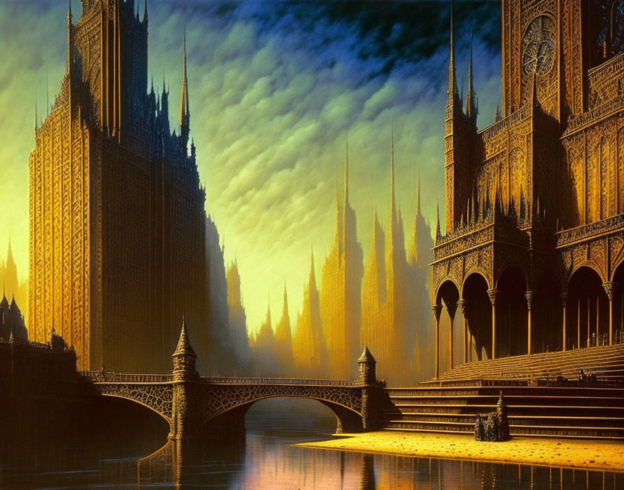 Gothic cityscape at sunset with towering spires and ornate bridge