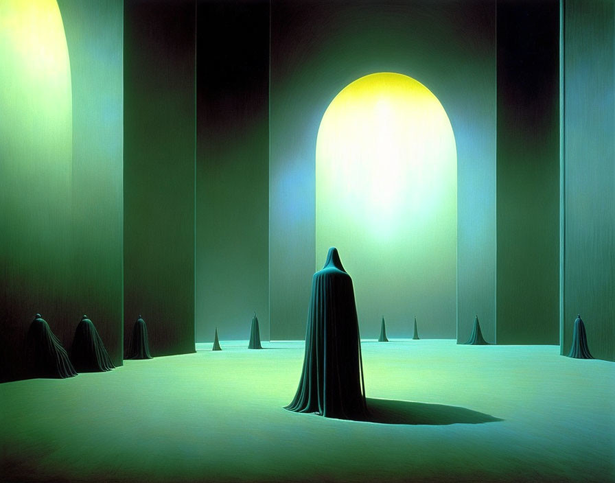 Robed Figures in Surreal Room with Glowing Archway