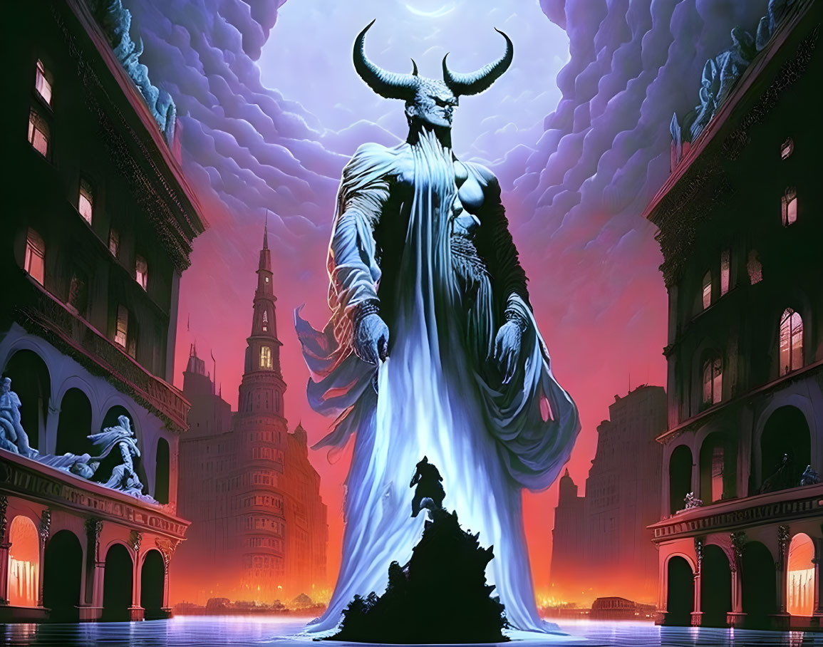 Majestic horned creature in classical cityscape at twilight