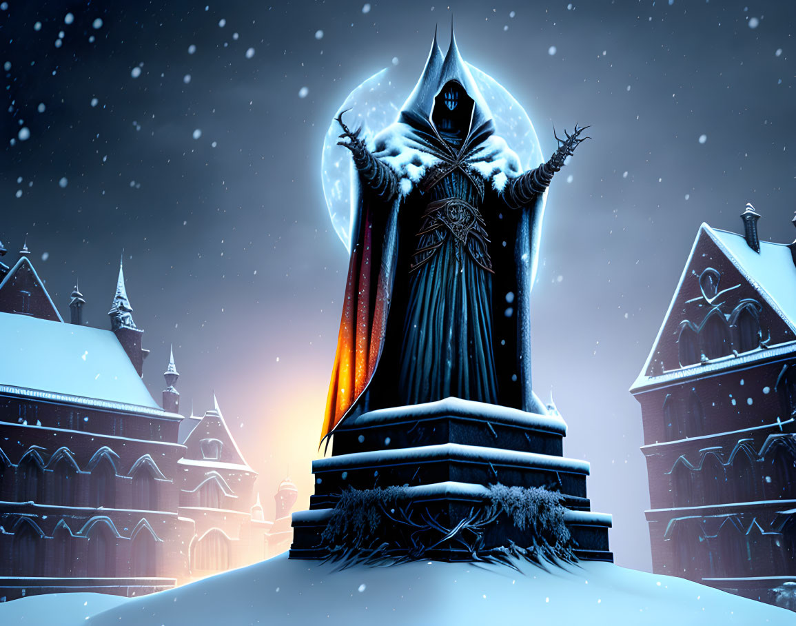 Mystical figure in robe with outstretched arms before throne in snowy village landscape