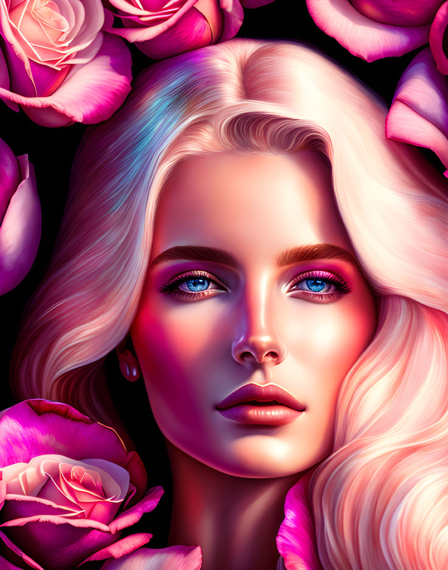 Colorful Digital Portrait of Woman with Blonde Hair and Pink Roses