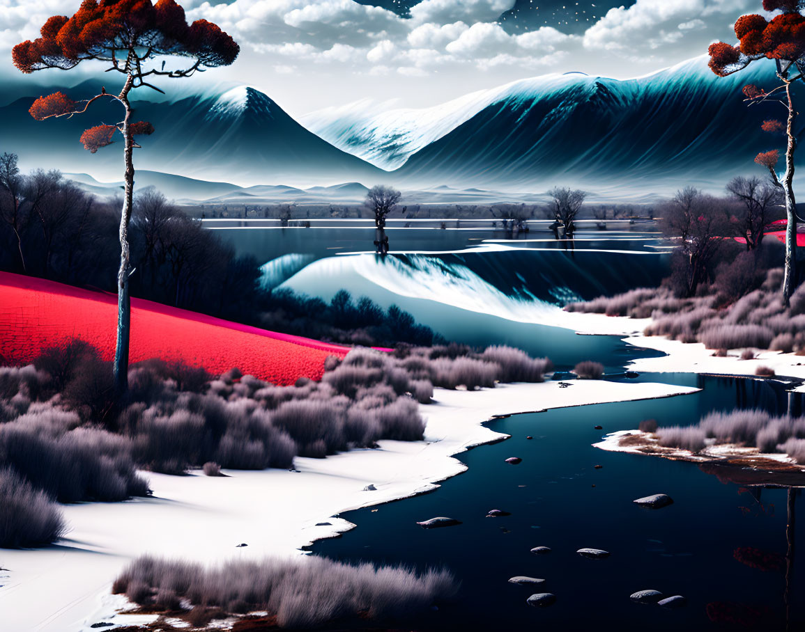 Vibrant Red Foliage and Blue River in Surreal Landscape