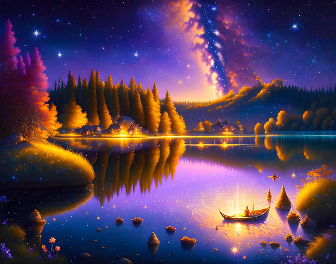 Starry night sky over lake with village lights reflected