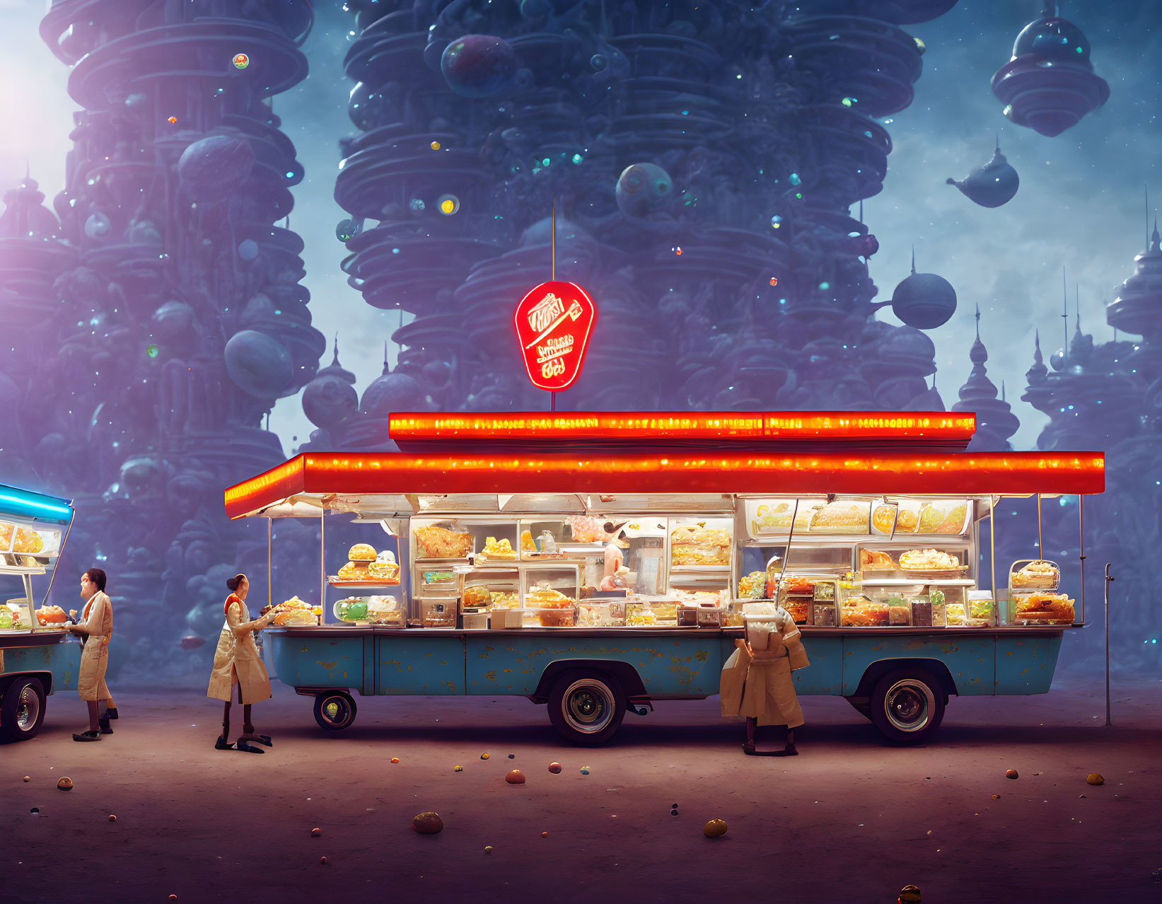 Neon-lit retro-futuristic food truck in alien cityscape