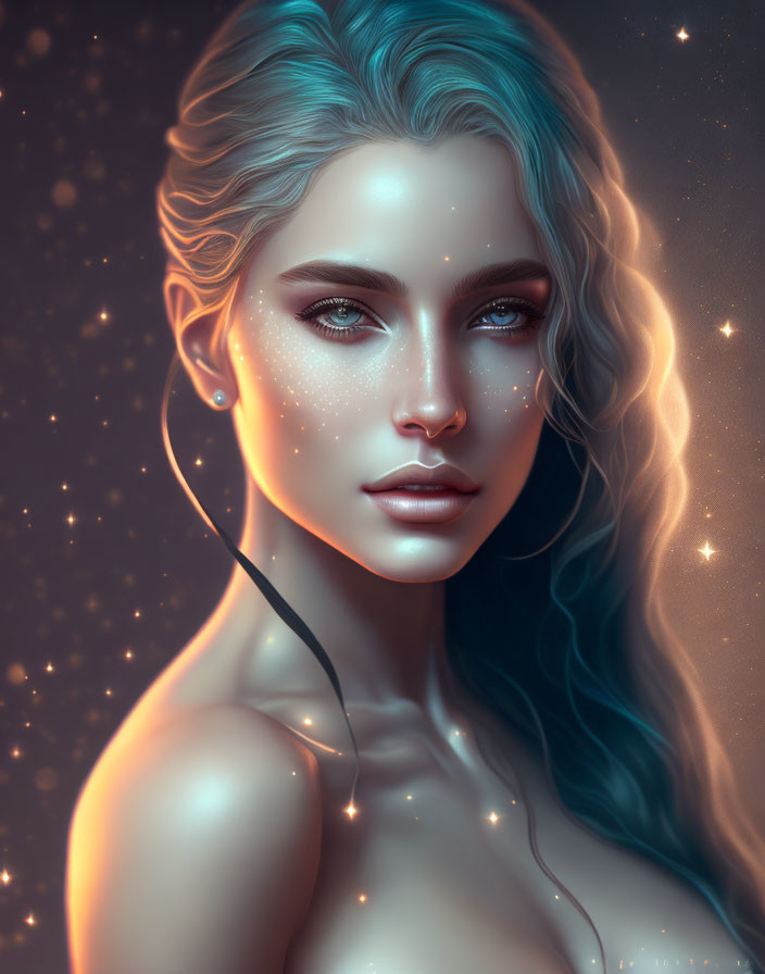 Digital portrait: Woman with turquoise hair and starry freckles in cosmic setting