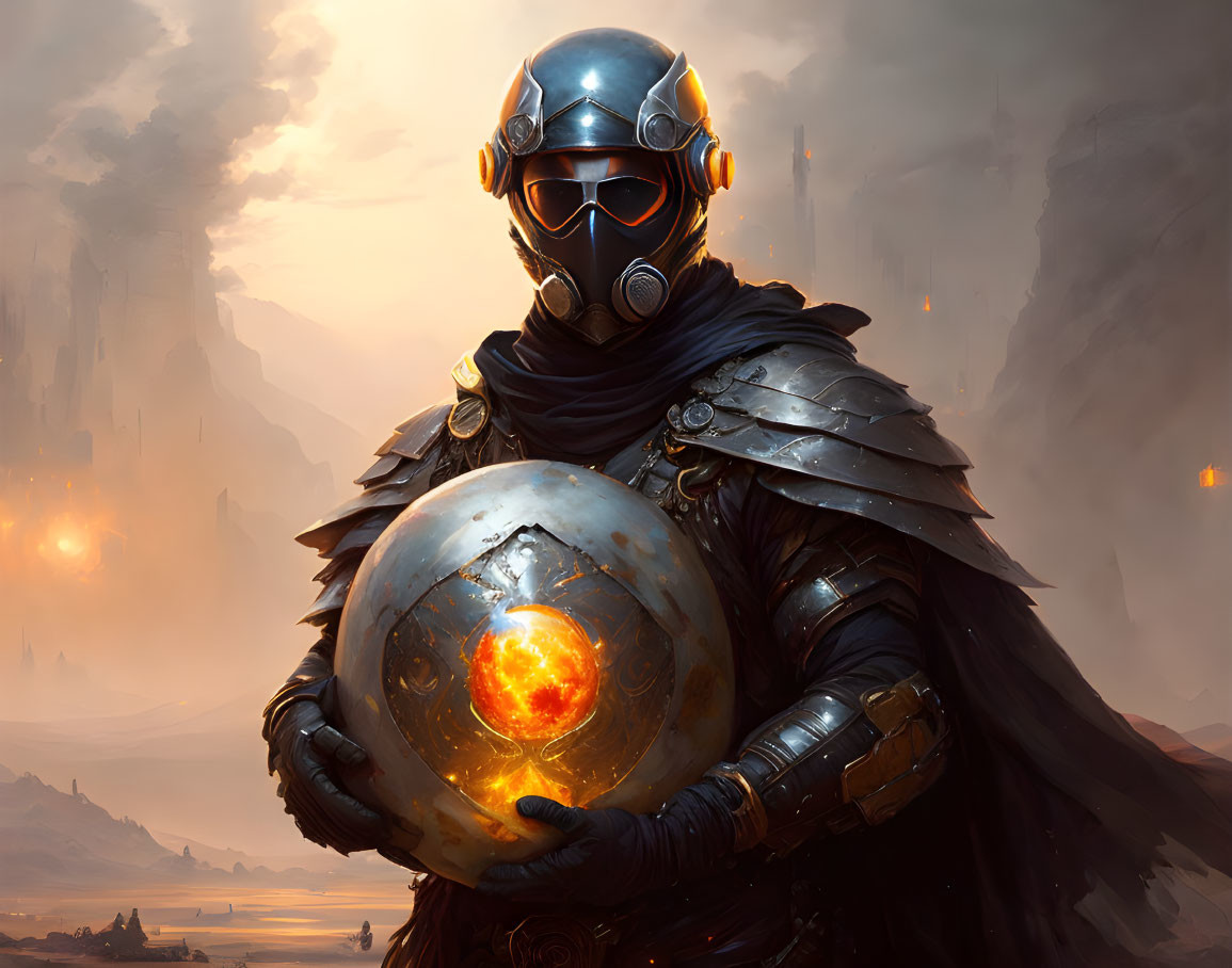 Futuristic knight in armor with glowing orb in fiery dystopian landscape