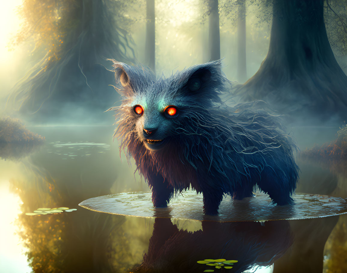 Blue-Furred Cat-Like Creature with Glowing Red Eyes in Ethereal Forest