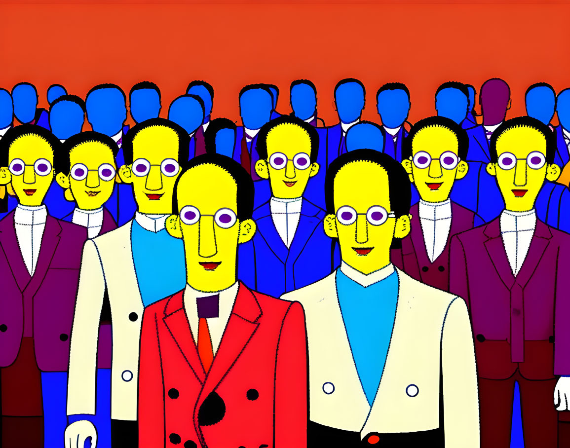 Yellow Figures in Suits with Round Glasses on Red-Orange Background