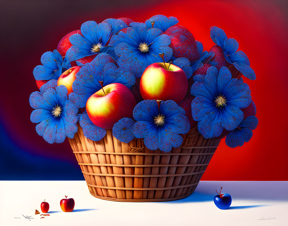 Colorful Still-Life: Basket with Red Apples and Blue Flowers on Gradient Background