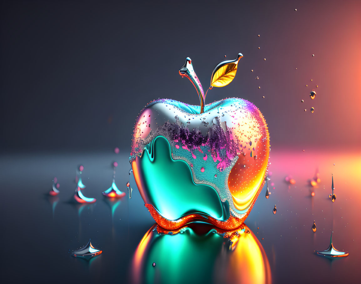 Vibrant artistic rendering of a glossy apple with paint splashes