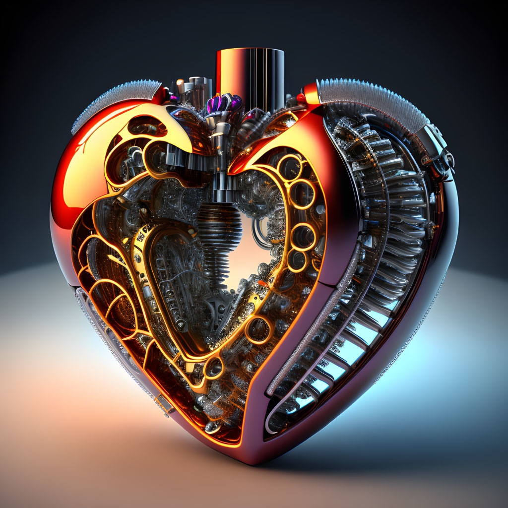 Detailed 3D mechanical heart illustration with intricate gears and metallic finish