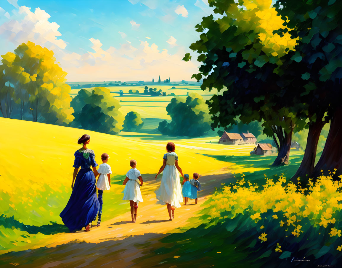 Group of individuals in period clothing walking in sunny countryside