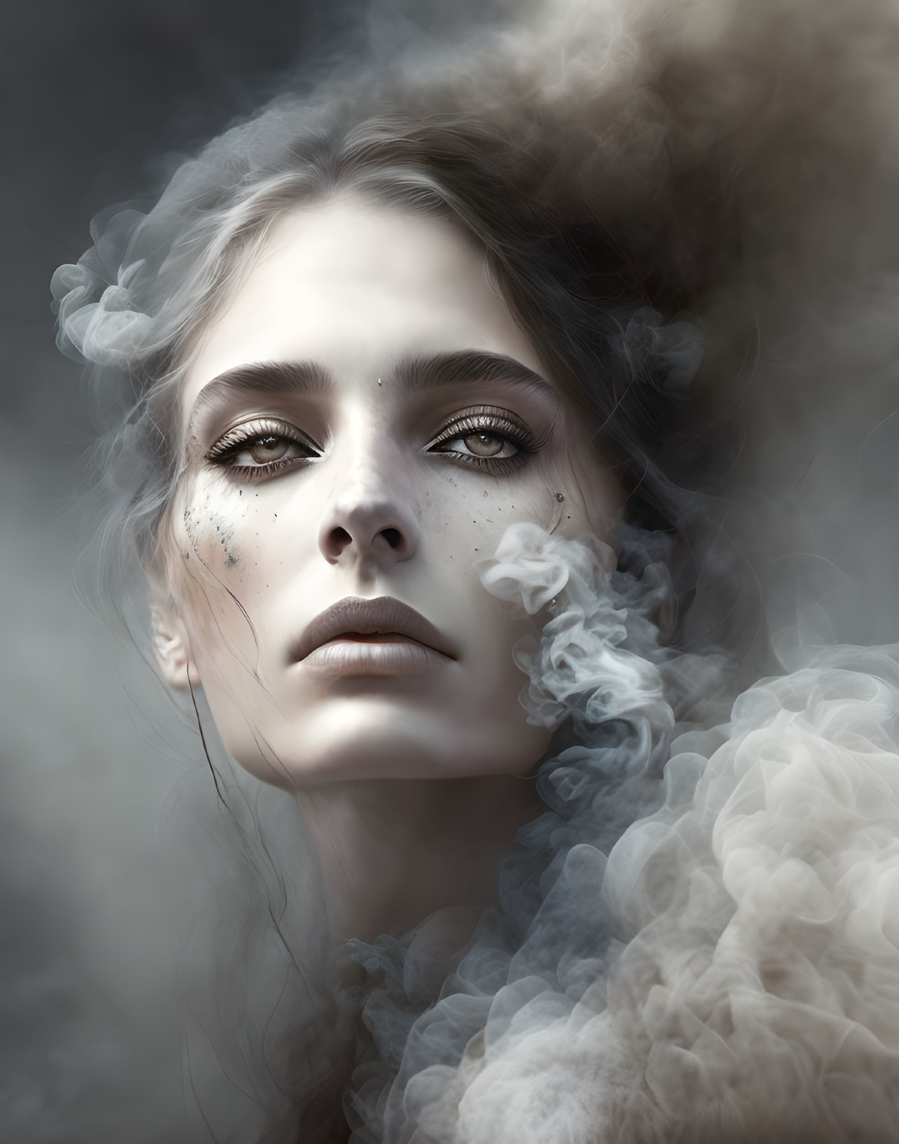 Portrait of Woman with Ethereal Beauty and Swirling Smoke