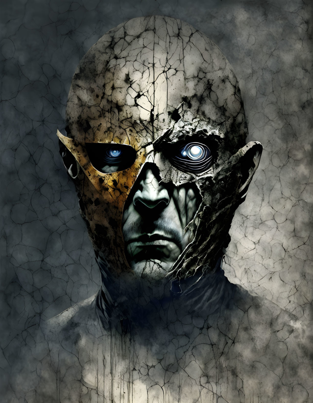 Illustration of cracked humanoid face with golden and mechanical eyes