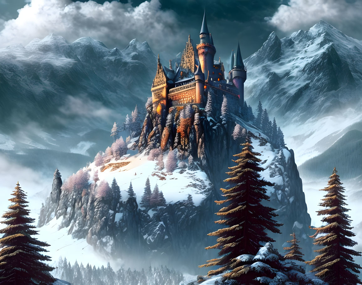 Snowy Peak Castle: Majestic structure in pine forest with misty mountains backdrop