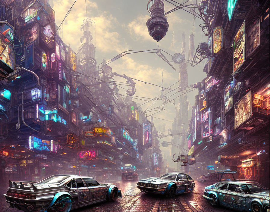 Futuristic cyberpunk cityscape with neon signs and skyscrapers