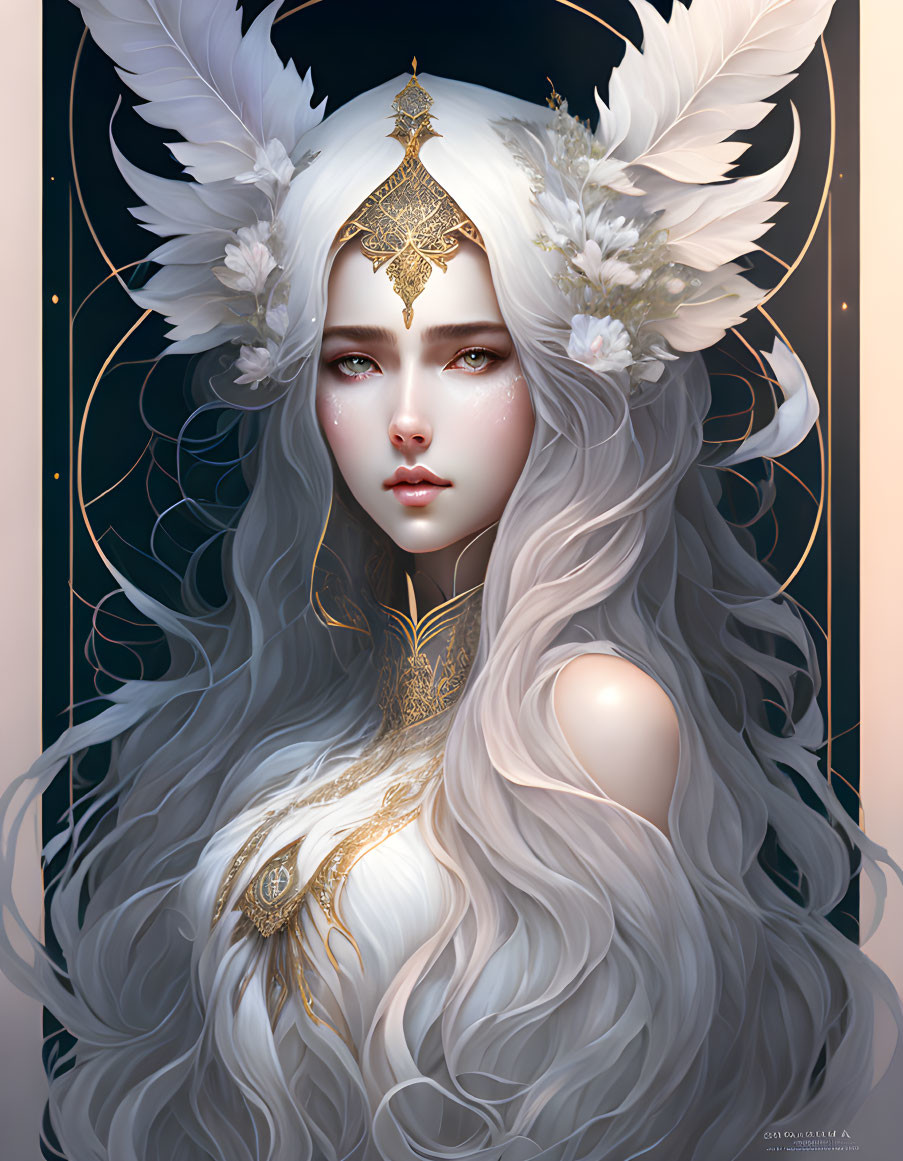 Ethereal figure with silver-white hair and intricate golden jewelry