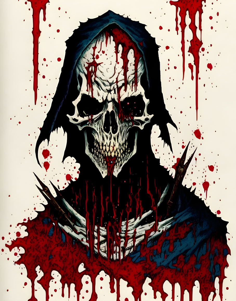 Skull with hood dripping red blood, bones, and splatter effects