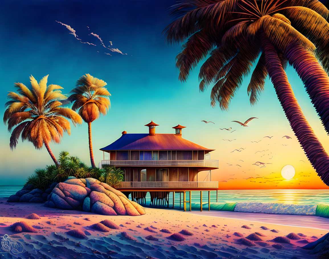 Scenic beach sunset with stilt house, palm trees, rocks, and birds.